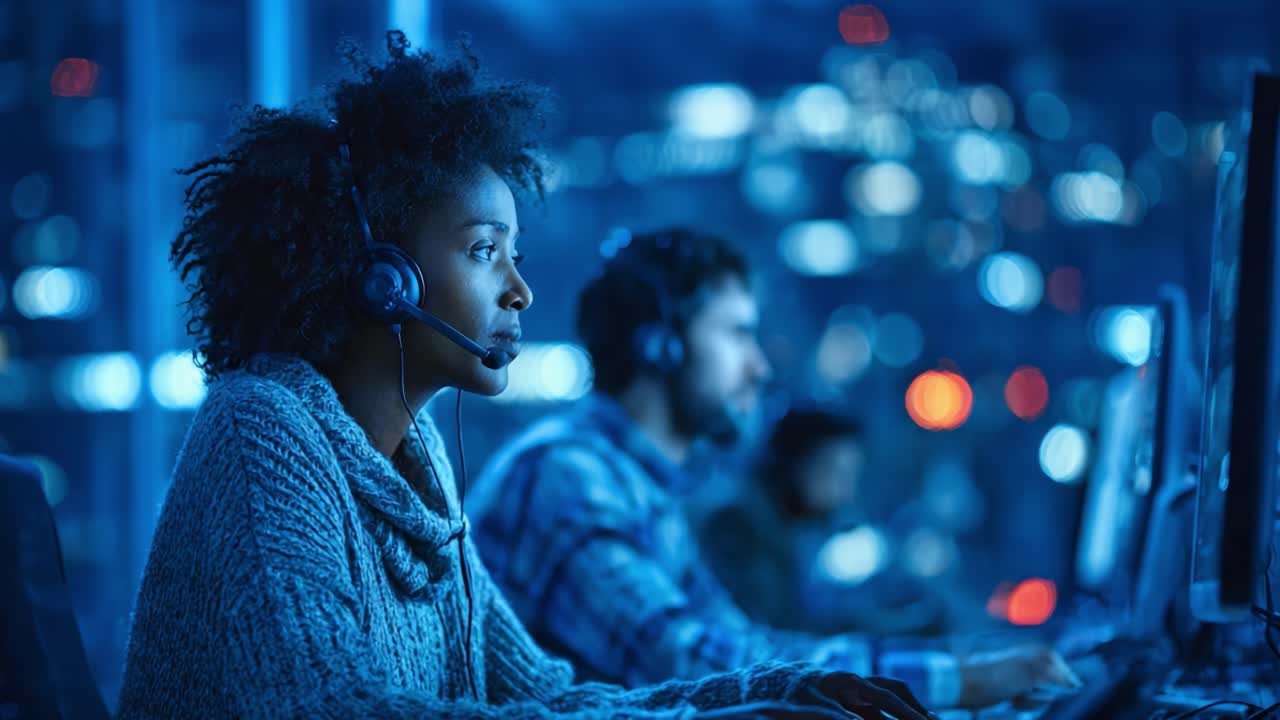 Dedikerede Teams-medlemmer fokuseret på teknisk support i et futuristisk kontrolrum med en cool farvepalet, der bruger headsets i et højteknologisk miljø