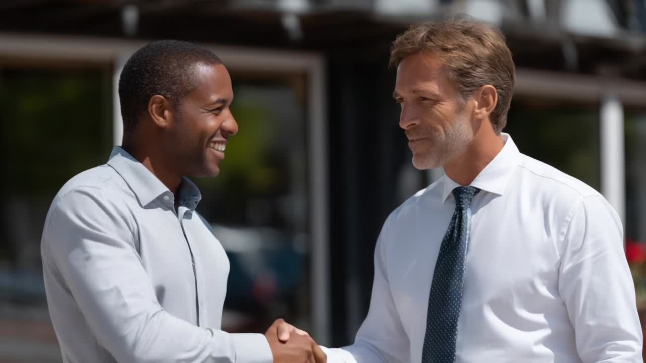 A Warm Handshake Between Two Professionals Signifying a Successful Meeting and New Opportunities, Capturing a Moment of Cooperation and Mutual Respect in a Bright Outdoor Setting