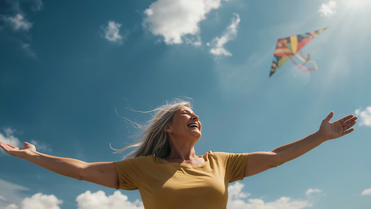 Laughing senior woman raising arms toward sky as breeze lifting kite and hair, showing mustard tee