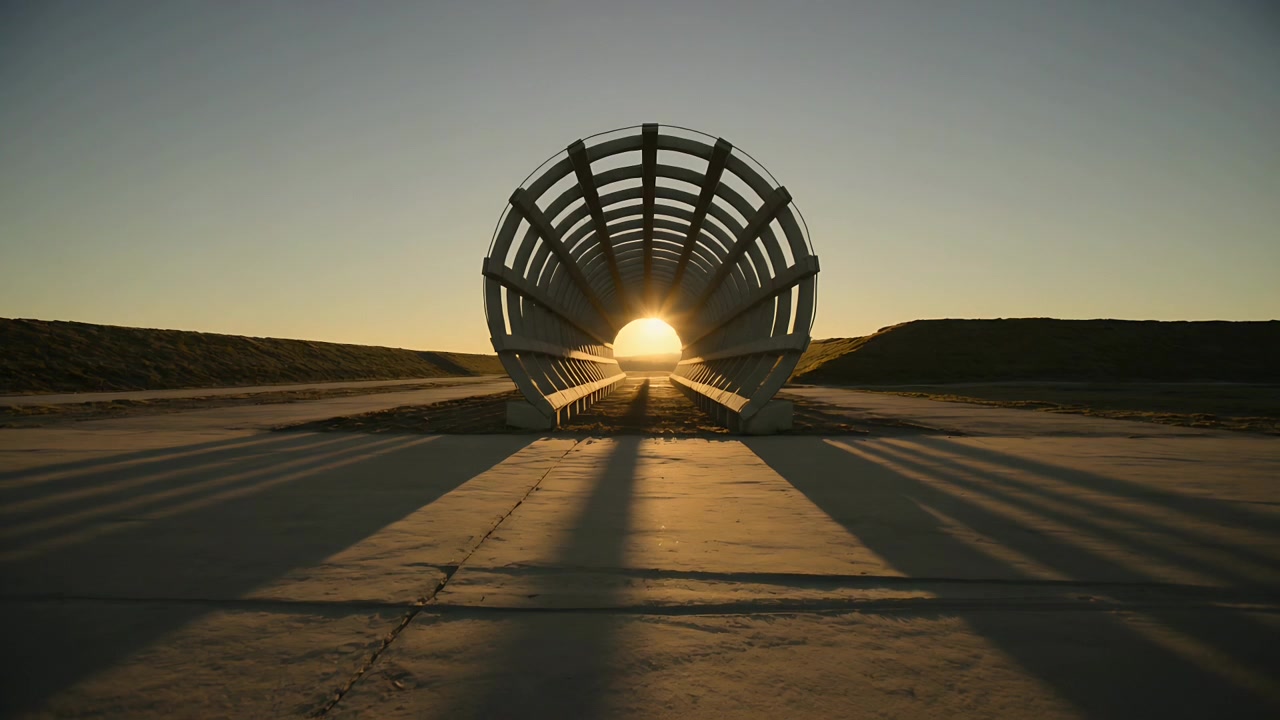 Sun aligning with tunnel, smoke igniting, ribbed tunnel rupturing on concrete slab, throwing debris