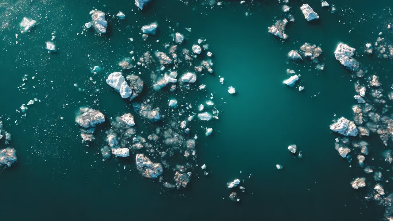 Serene Aerial View of Icebergs Floating in Calm Turquoise Waters, Capturing Nature's Beauty and Complexity in a Layered Visual Display of Texture and Color