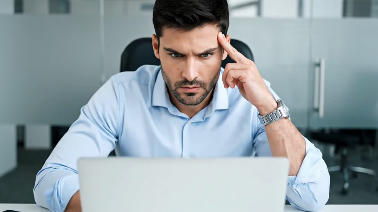 Stressed businessman thinking hard working on laptop