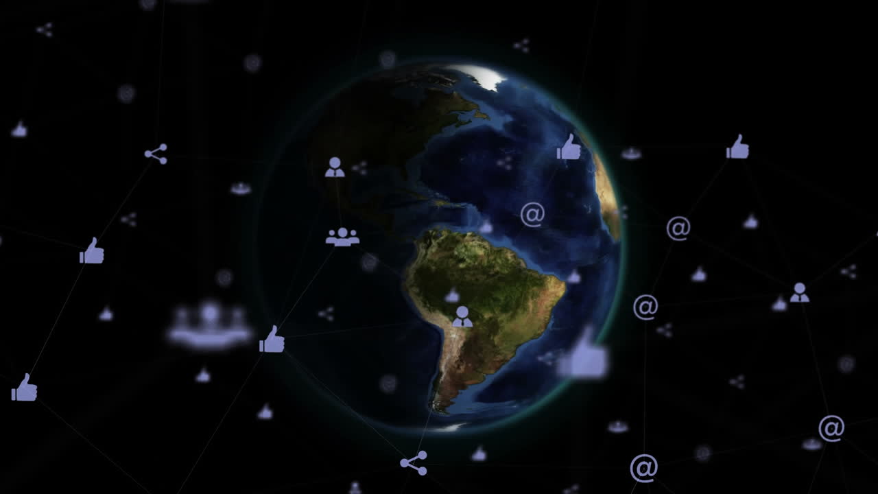 анимация сети цифровых икон над вращающимся глобусом на черном фоне