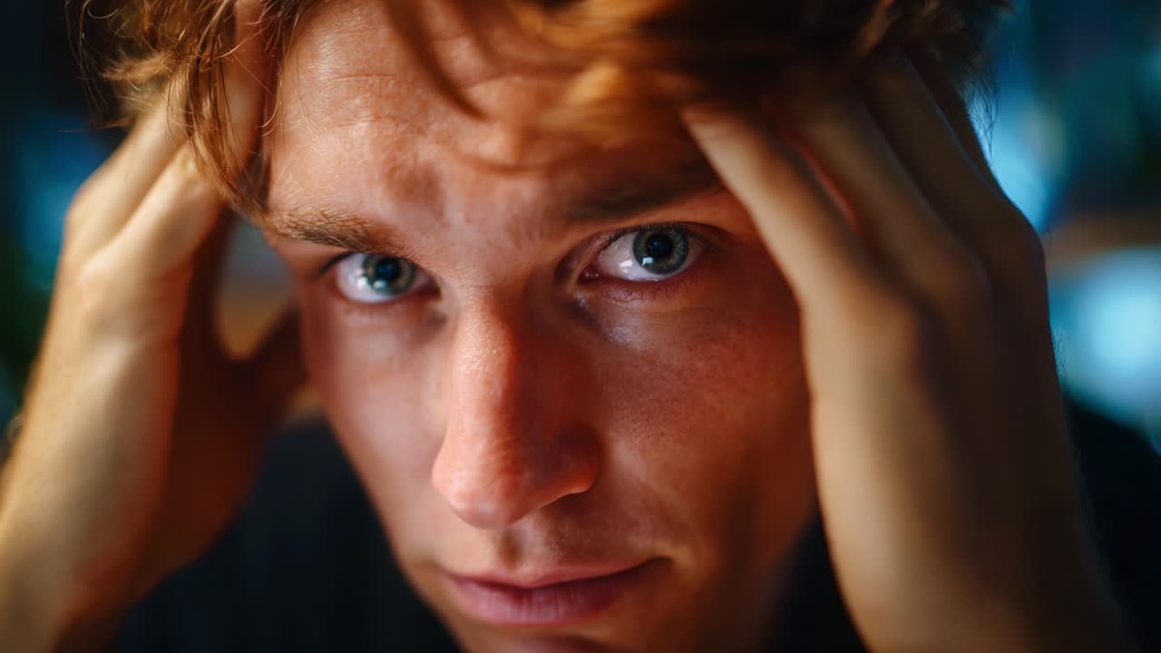 Primo piano di un giovane uomo che esprime emozioni intense, trasmettendo stress e frustrazione attraverso le sue espressioni in un'atmosfera scarsamente illuminata