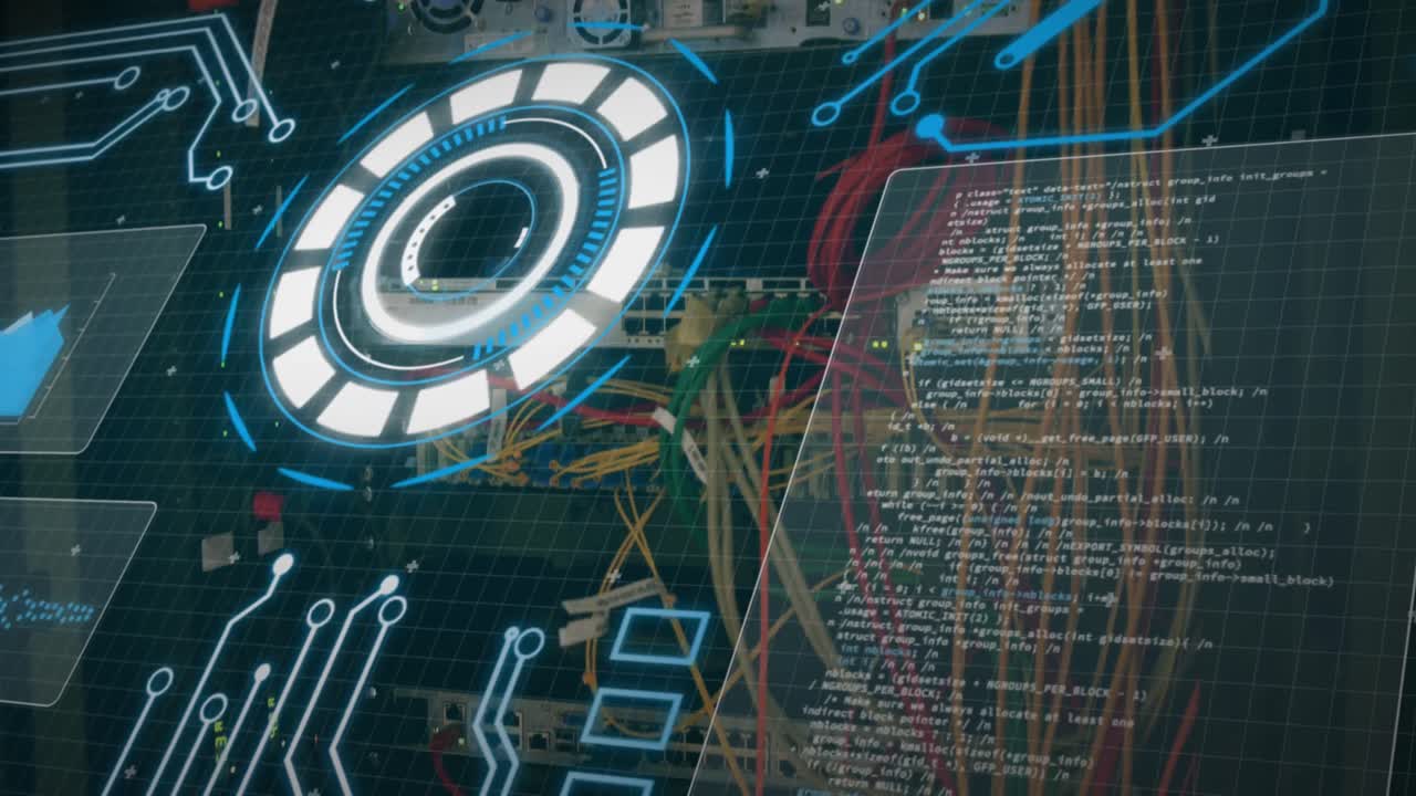 animación de la interfaz digital y procesamiento de datos a través de la sala de servidores