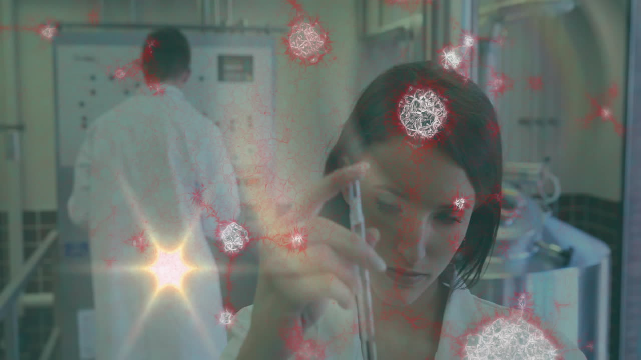 In laboratory, scientists conducting virus experiments with animation overlay