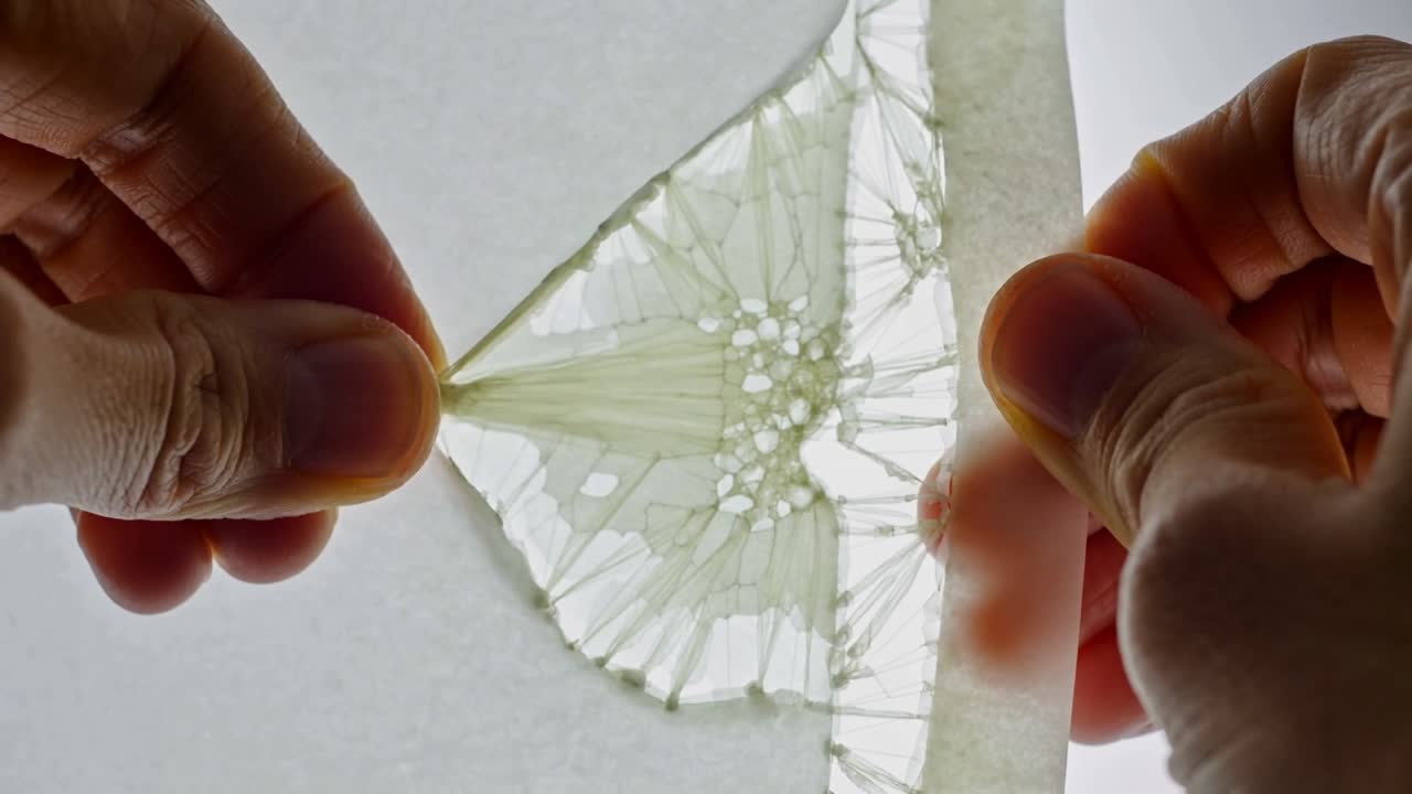 Pinching left tip starting hands pulling thin film from tape against backlight, revealing strands
