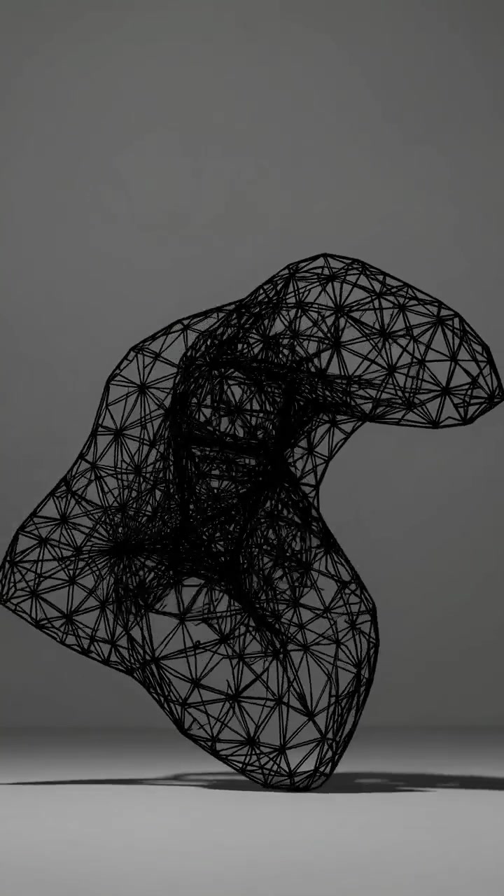 Dynamická animace abstraktního tvaru s černým wireframem na šedém pozadí