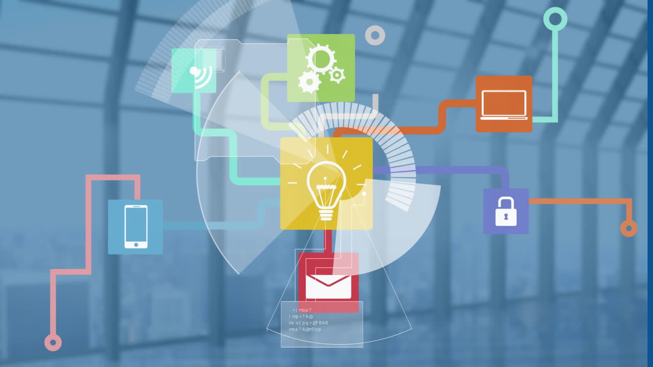 사무실 창문에 대한 디지털 아이콘 네트워크를 통해 회전하는 둥근 스캐너의 애니메이션