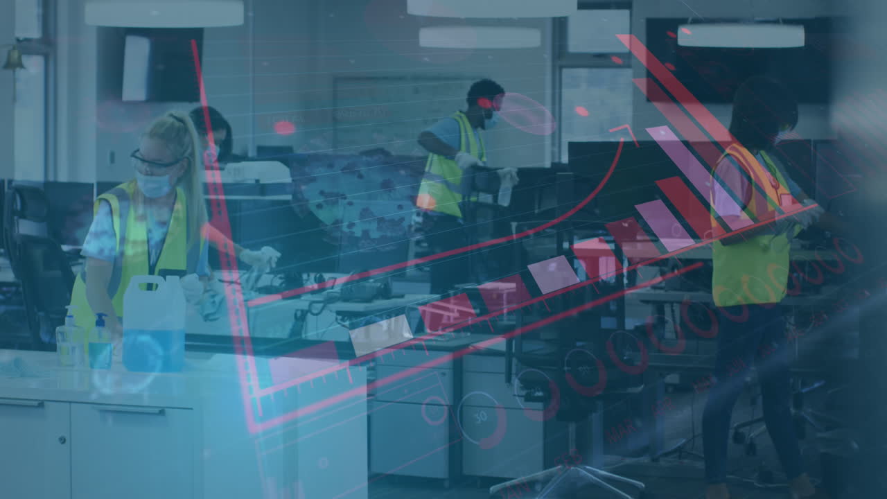 디지털 비디오는 마스크를 쓴 동료들과 함께 covid-19 기간 동안 사무실 소독과 통계를 보여줍니다.