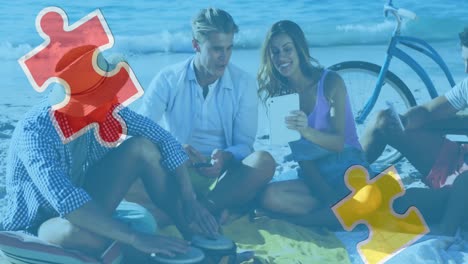 Animation-of-colourful-puzzle-pieces-and-autism-text-over-happy-friends-using-tablet-in-beach