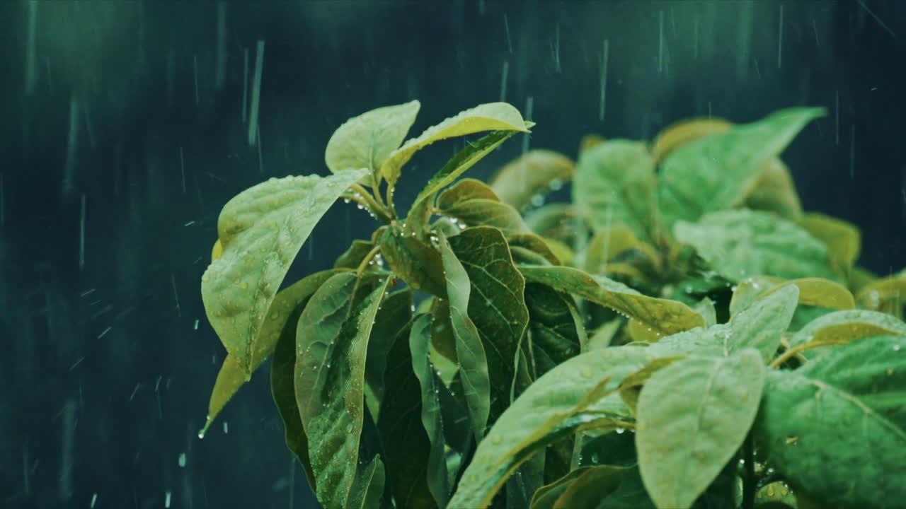 A tight close up of wet leaves with visible raindrops and rainfall streaks, creating a soft, moody, natural atmosphere