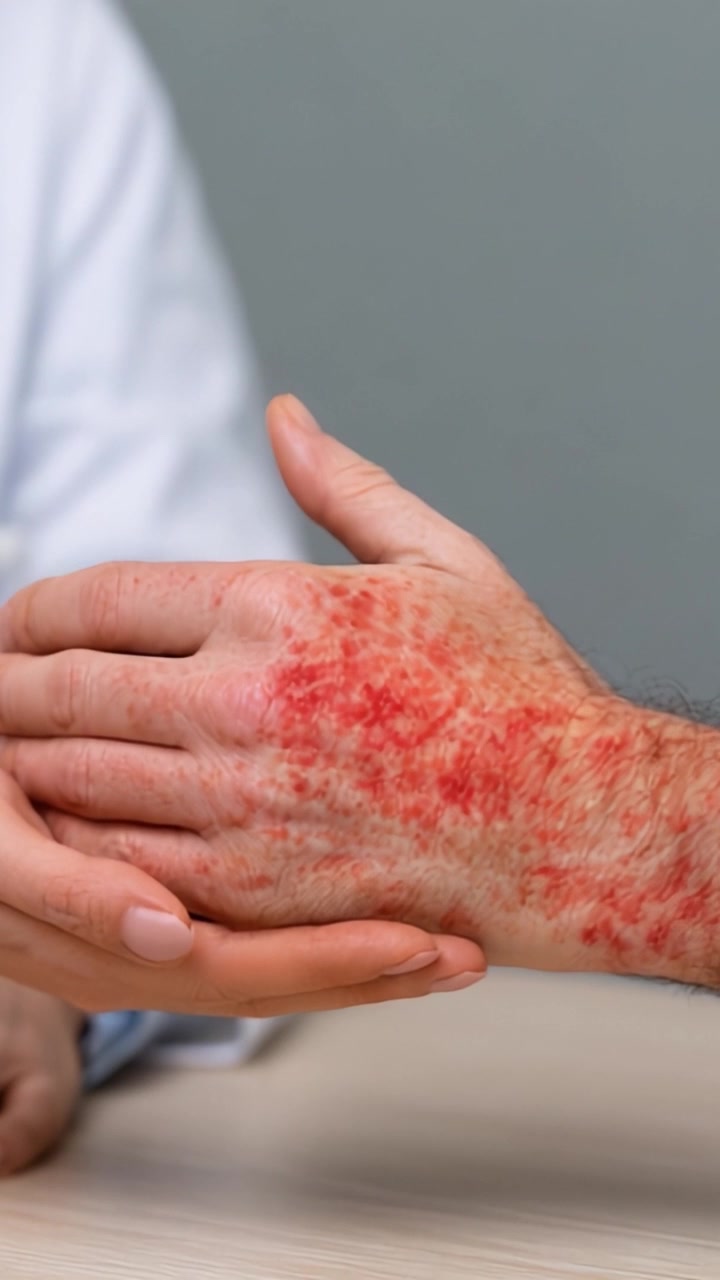 Una vista ravvicinata di una mano affetta da condizioni della pelle, che mostra arrossamento e irritazione, durante una consultazione con un professionista sanitario per diagnosi e trattamento.