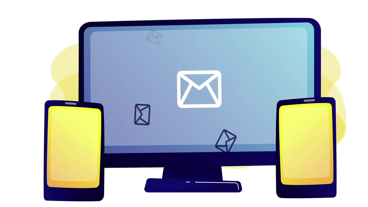 Animation of screens with social media icons, speech bubbles interface