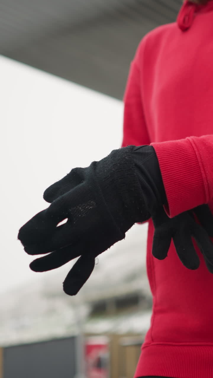 Woman putting on black winter gloves for warmth during cold weather, dressed in red hoodie, background features snowy hill, modern structures, and light pole