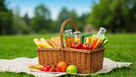 a vibrant picnic basket full of fresh fruits, vegetables, and refreshing drinks set against a lush green grass background for a perfect outdoor gathering