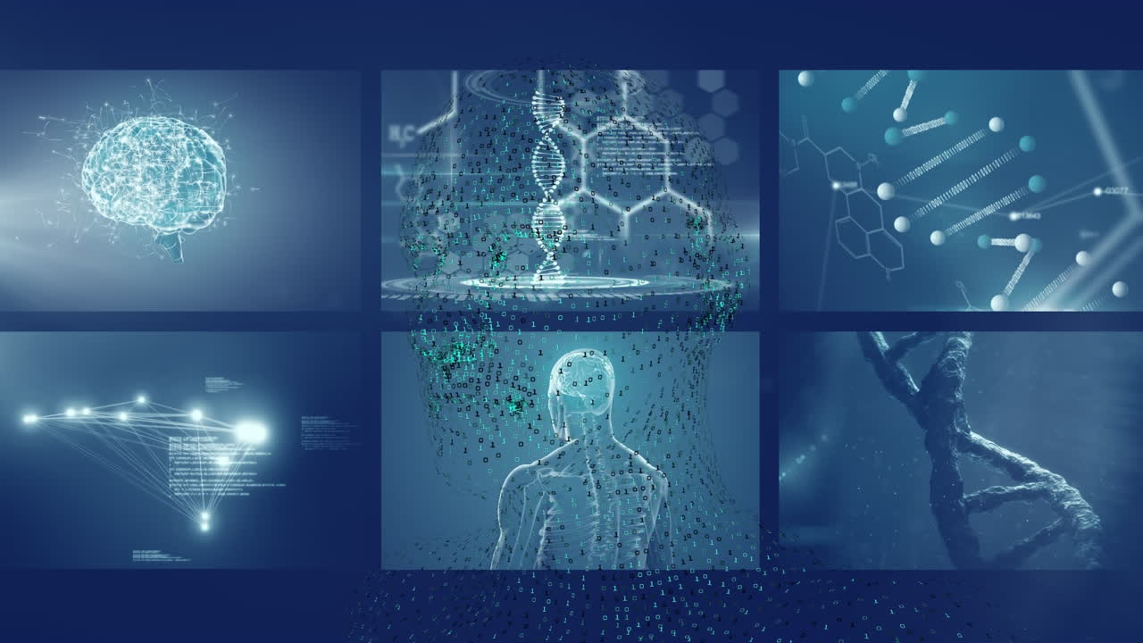 animación de humano digital y procesamiento de datos sobre fondo azul