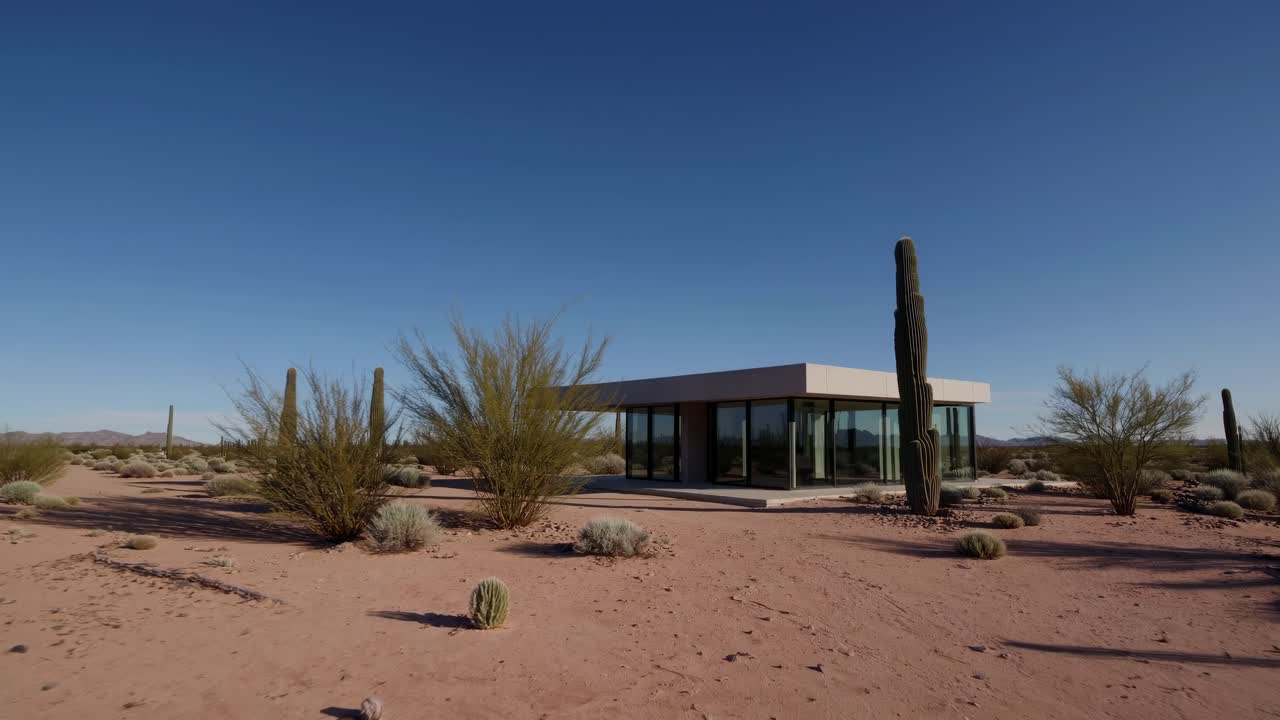 Modern architectural structure in desert landscape, surrounded by cacti and shrubs, showcasing the seamless integration of nature and design in a tranquil environment