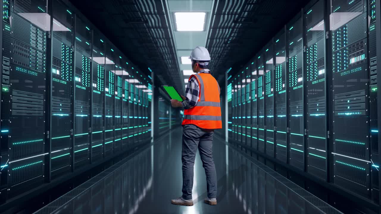Full Body Back View Of Asian Male Engineer With Safety Helmet Working On A Green Screen Tablet And Looking Around While Standing in Server Room Data Center