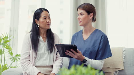 Tablet,-consultation-or-nurse-explaining-to-woman