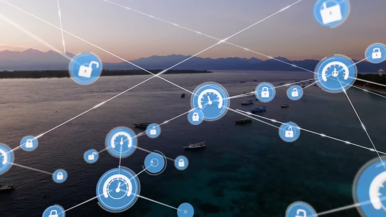 animación de la red de conexiones con iconos sobre nubes