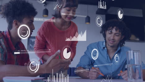 analyzing data charts and graphs animation over diverse business team collaborating