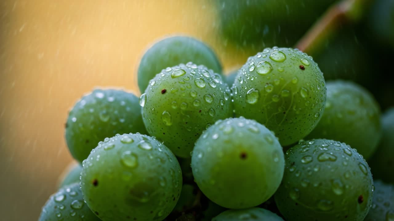 Capturing the Natural Beauty of Fresh Green Grapes Glimmering with Dew Drops in the Soft Morning Light for a Refreshing and Inviting Atmosphere
