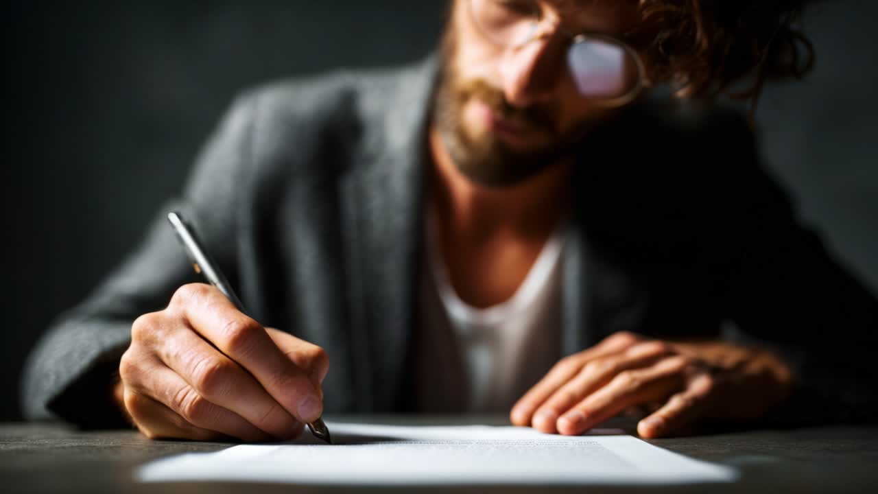 An Engaged Individual Dedicating Time to Writing with Intense Focus in a Dimly Lit Environment, Seizing the Moment to Create and Refine Their Thoughts on Paper