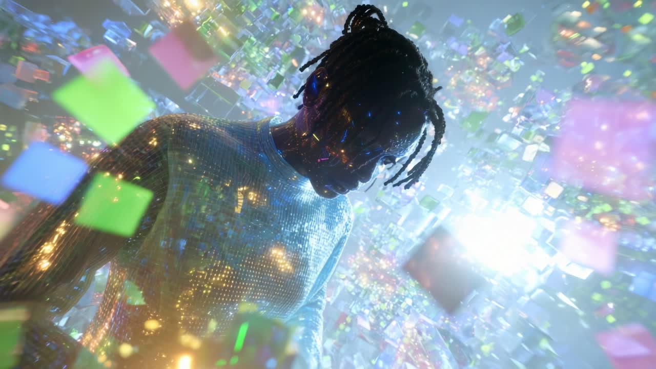 A mesmerizing journey through a kaleidoscopic digital realm, where vibrant colors and sparkling lights envelop a solitary figure, creating an ethereal atmosphere of wonder and exploration