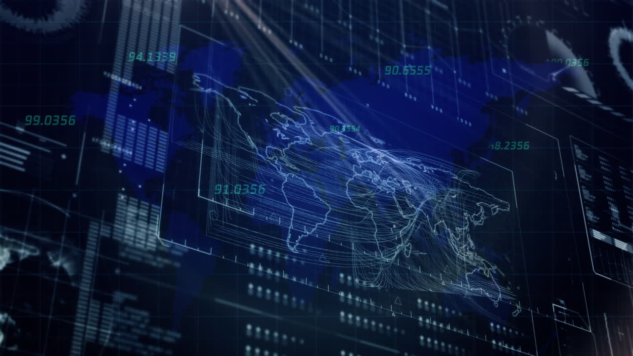 Animation of data processing and world map on dark digital screen