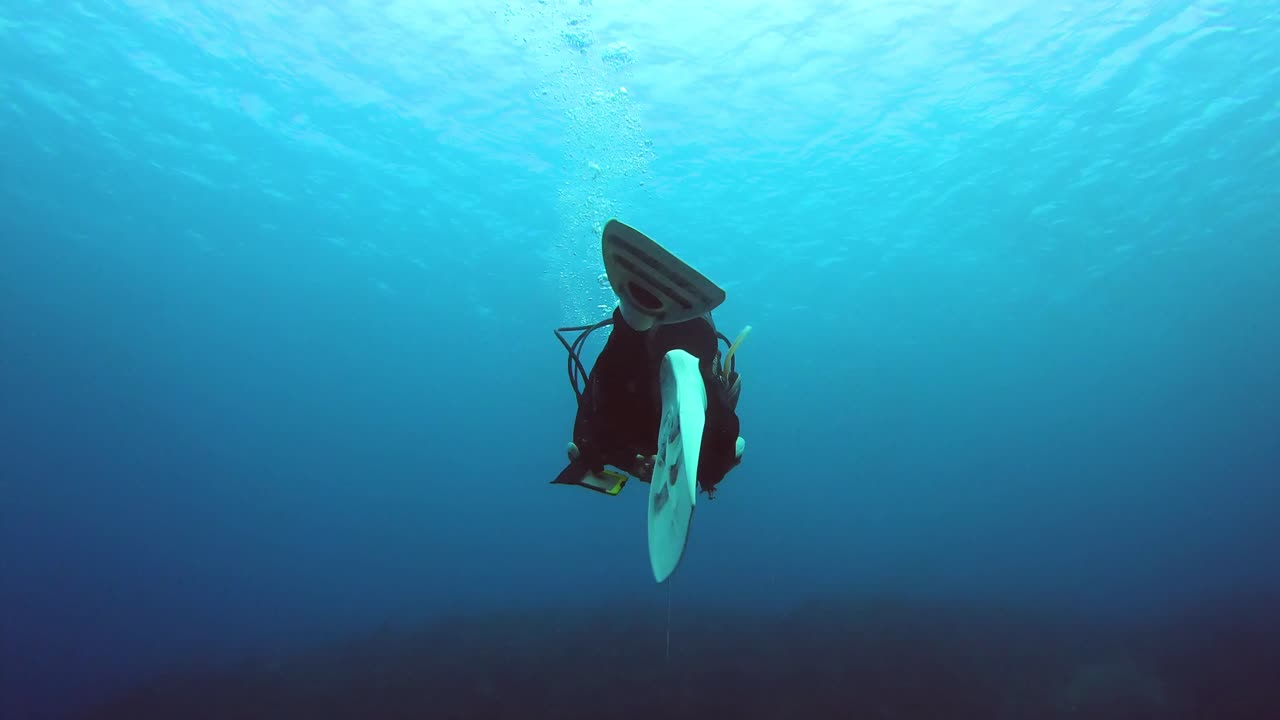lapso de tiempo de un buzo nadando en el mar de china oriental kumejima okinawa japón
