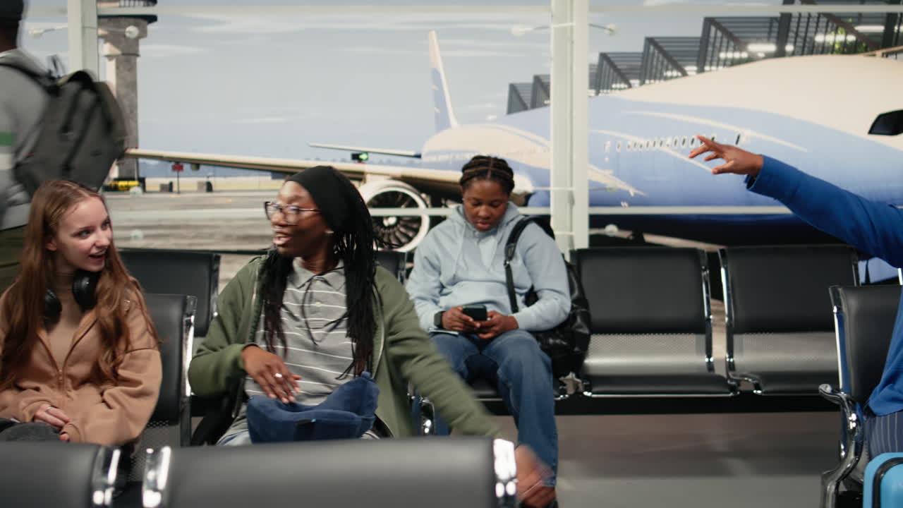 Travelling, group and friends in airport exploring foreign country