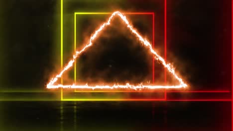 Animation of a tunnel of glowing geometric square with triangle on fire in the background