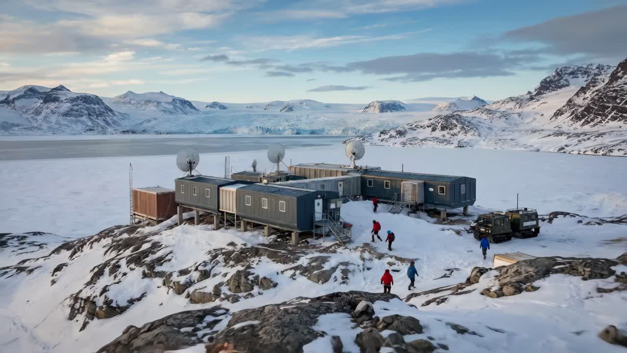 Vista aérea de una estación de investigación remota en un paisaje ártico nevado