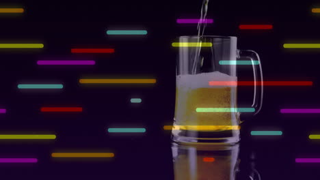 glass beer mug being filled with golden beer, neon bars floating above reflective dark surface