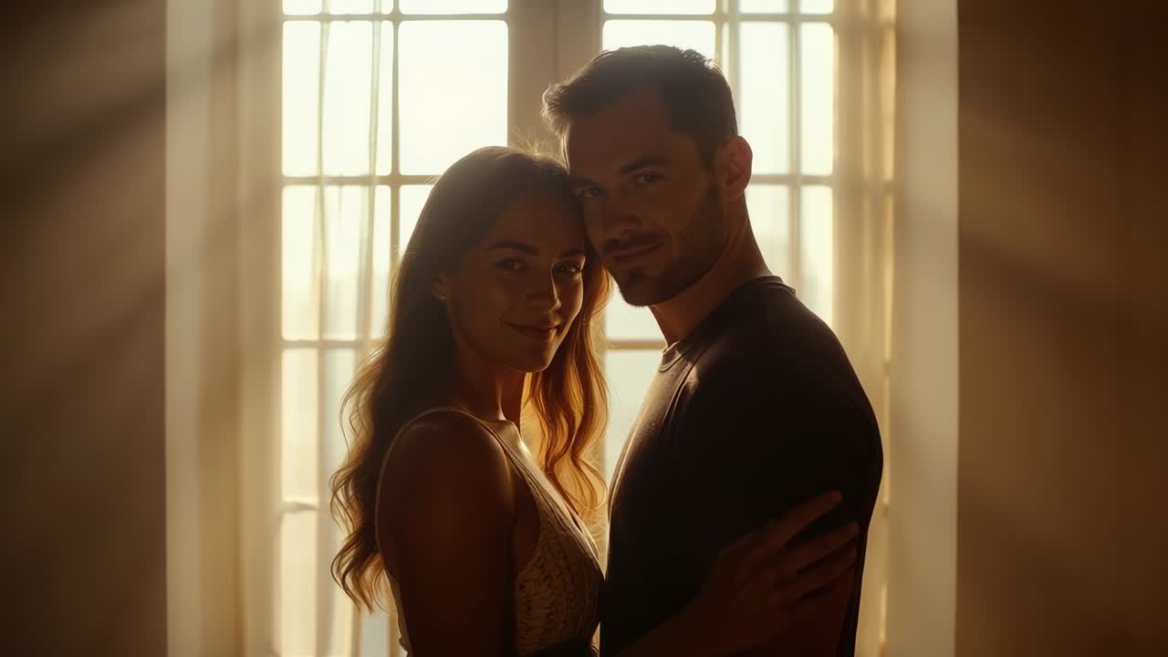 Sunlight drawing couple sharing smiles while embracing before paned window in lace top and dark tee