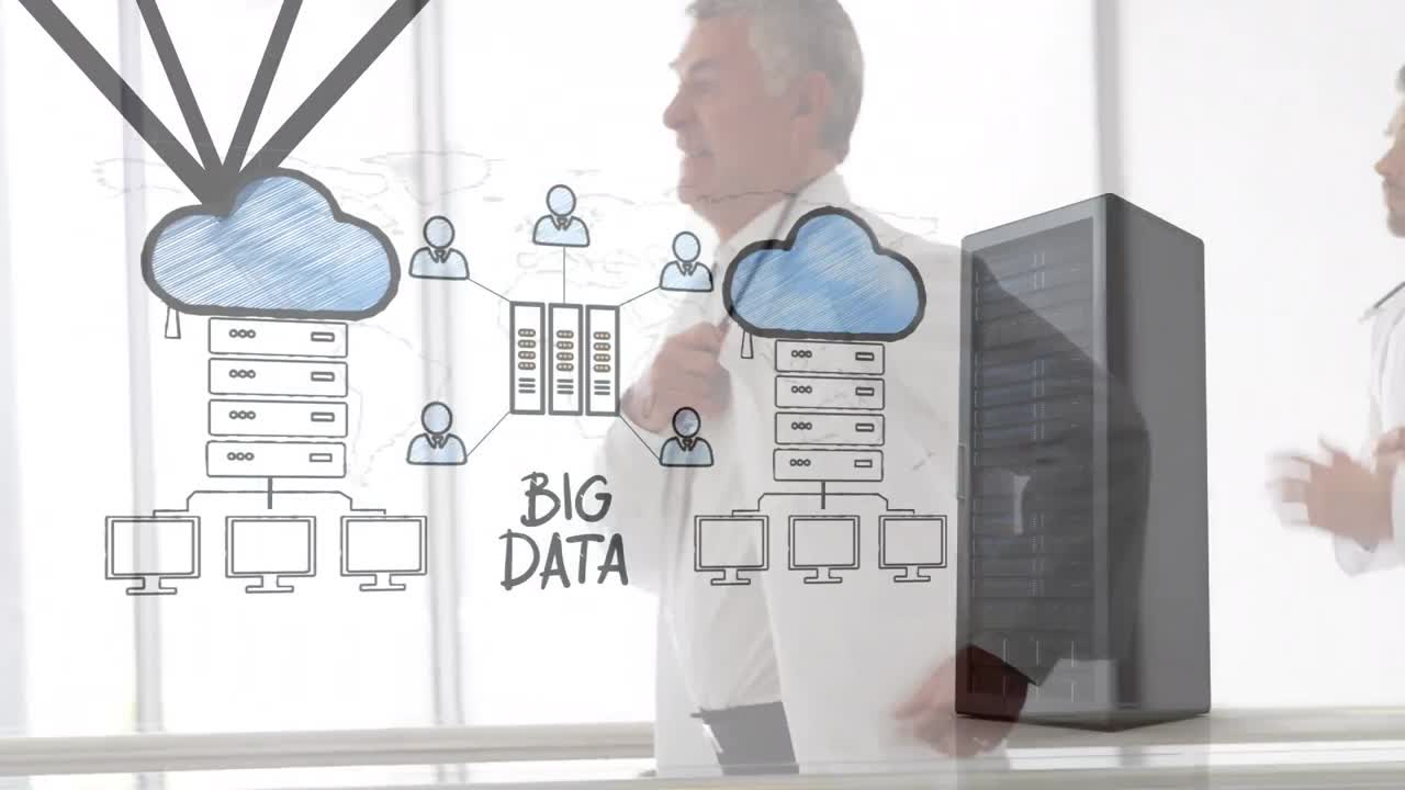 Animation of clouds, network of connections and data processing over male doctor