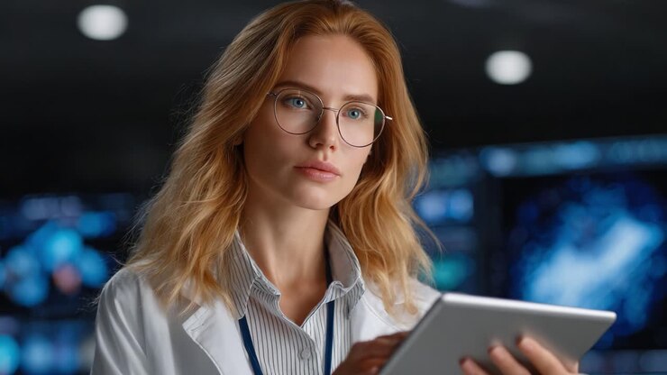 En fokuseret, ung professionel i en hvid laboratoriefrakke bruger en tablet til at arbejde med data og indsigt, omgivet af avancerede digitale skærme i et moderne forskningsmiljø