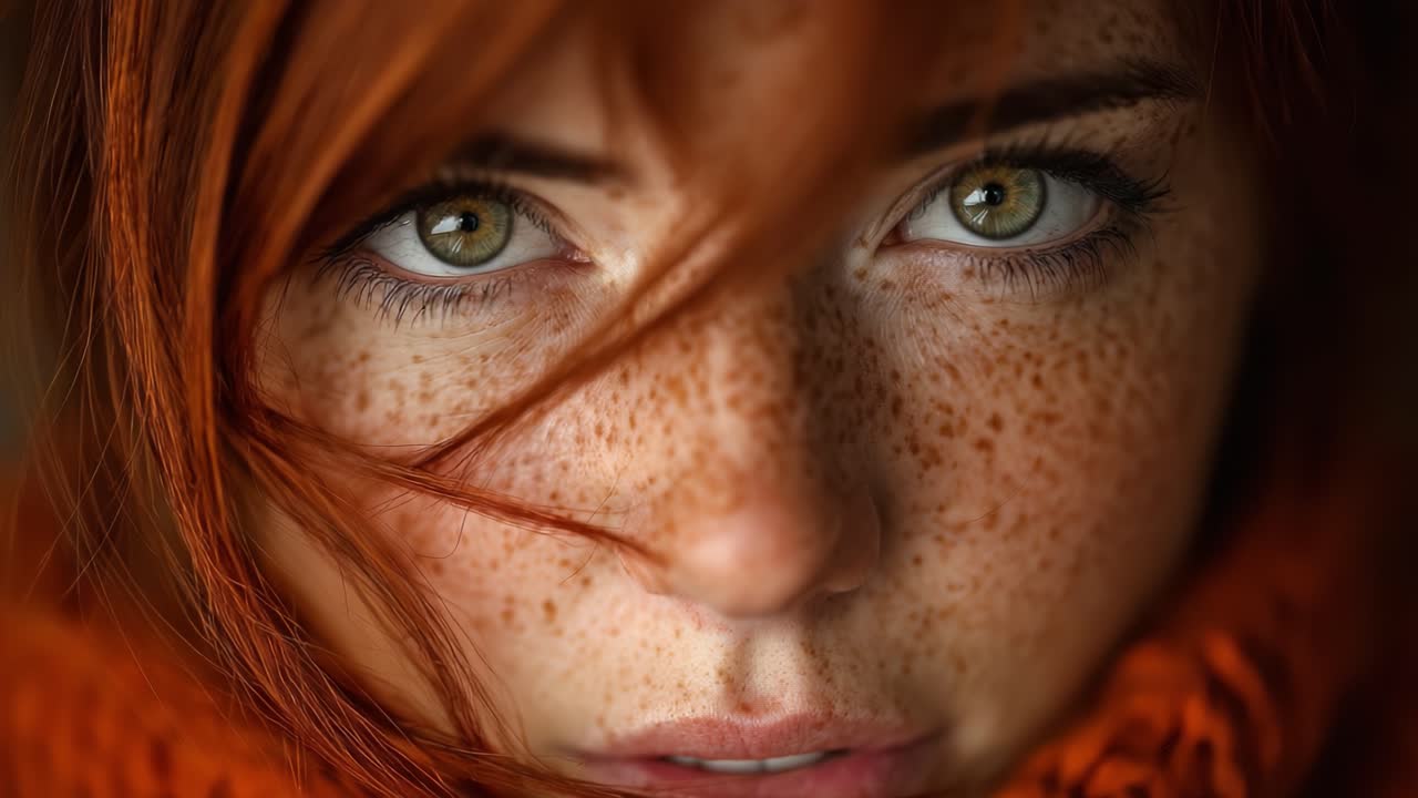Intense Close-Up Portrait Capturing the Alluring Expression and Rich Textures of Freckled Skin Framed by Flowing Red Hair and Warm Colors