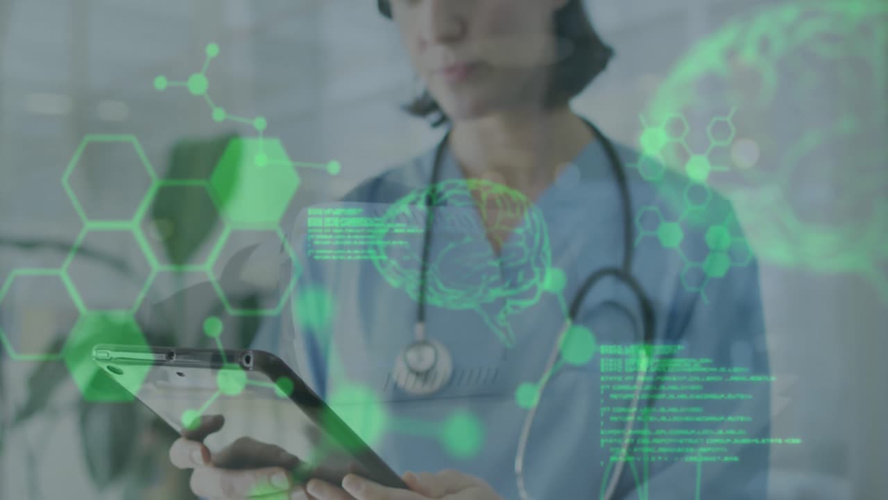 Animation of scientific data processing over caucasian female doctor