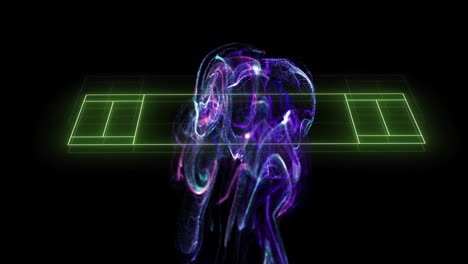 colorful swirling particles animation over glowing green tennis court lines