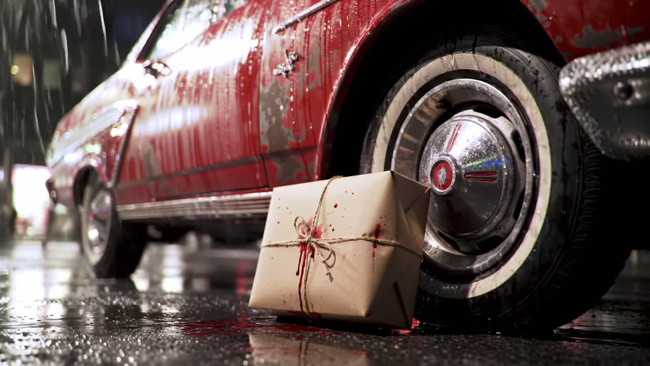 A Vintage Car Under Rain with a Bloodied Package: An Urban Scene Captured in Dramatic Detail, Highlighting the Contrast Between Classic Design and Disturbing Elements