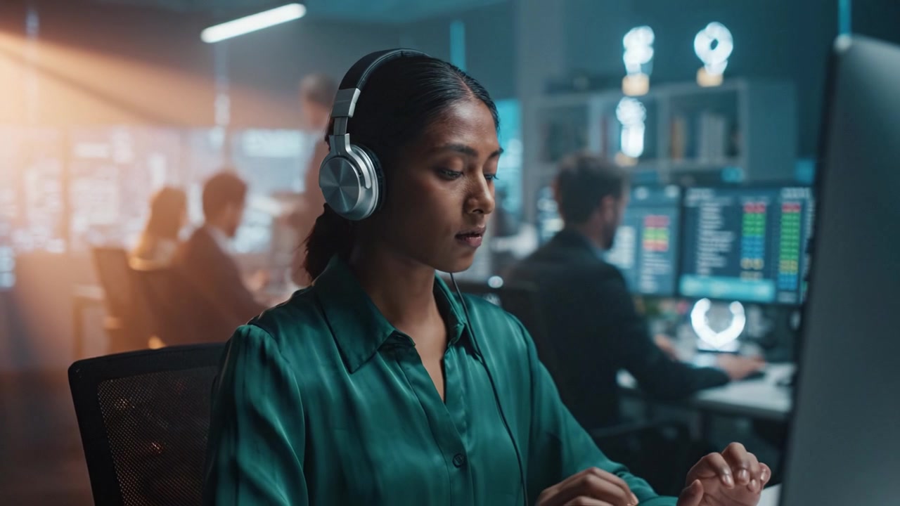 Focused individual wearing headphones in office environment, engaged in work with computer, surrounded by colleagues and tech displays highlighting productivity and collaboration.