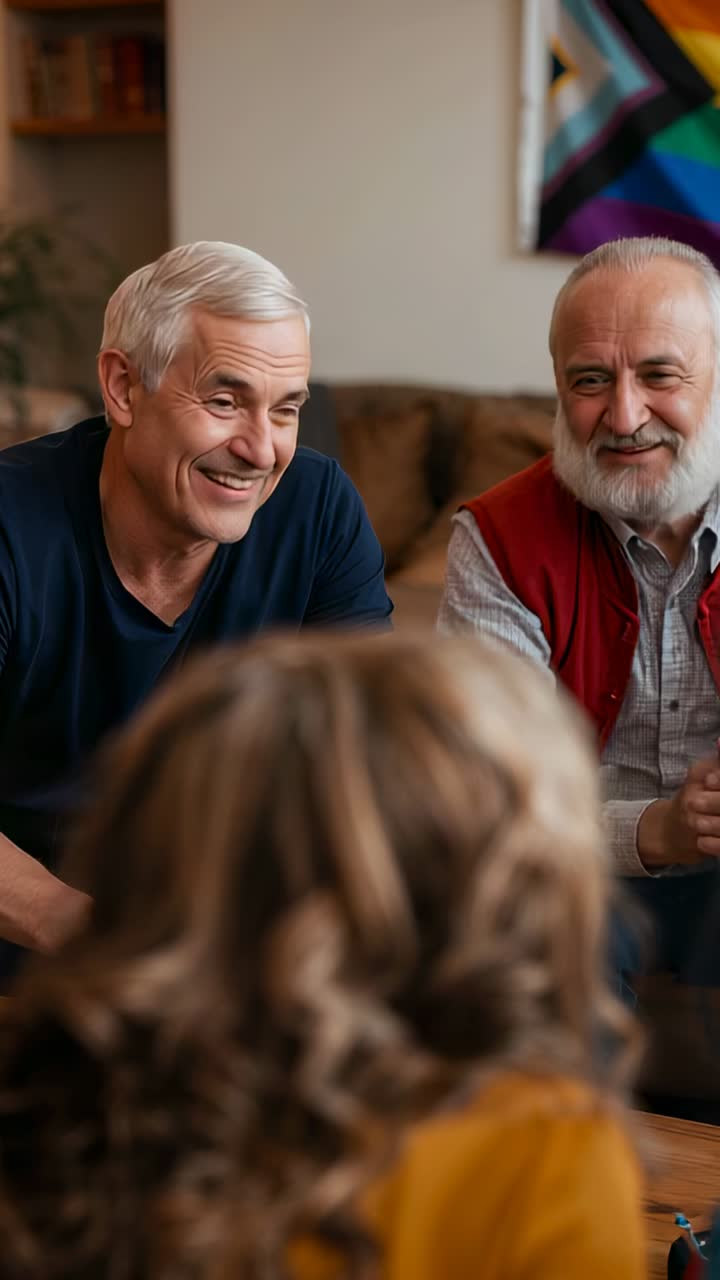 Vertical video: Smiling men on sofa in navy top red vest leaning listening as child talking at home
