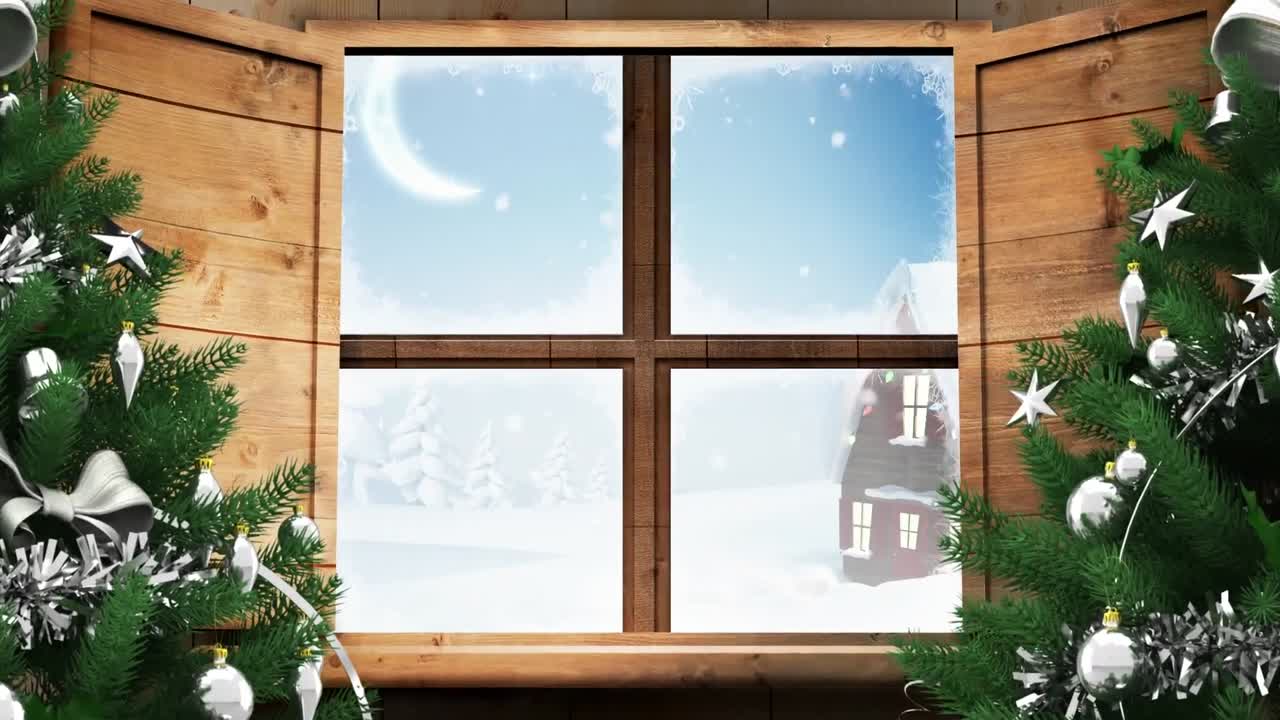 Animation af vinter julescene med hus set gennem vindue