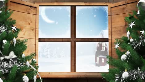 Animation-Einer-Winterlichen-Weihnachtsszene-Mit-Einem-Haus,-Das-Durch-Das-Fenster-Gesehen-Wird