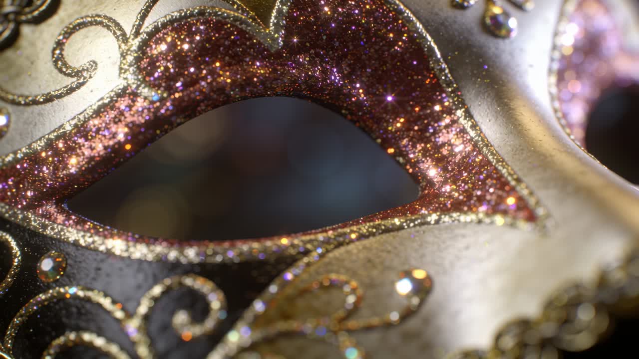 Telecamera in movimento che mostra una maschera veneziana ornata in studio, illuminando glitter rosa e filigrana d'oro.