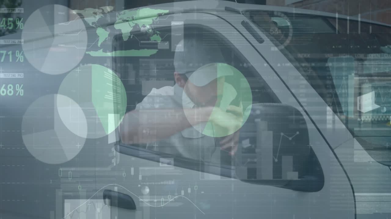 그의 밴에서 워키 토키에서 이야기하는 백인 남성 배달 남자에 대한 통계 데이터 처리