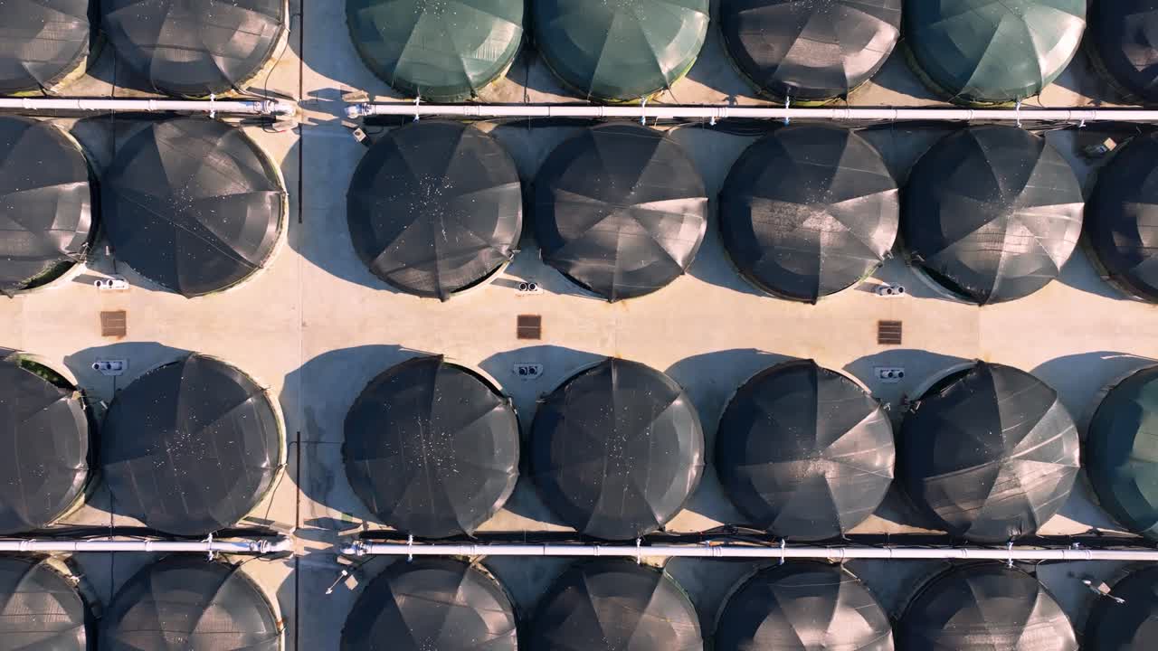 Overhead View Of Stolt Sea Farm Cages In Camari&ntilde;as, A Coru&ntilde;a, Spain