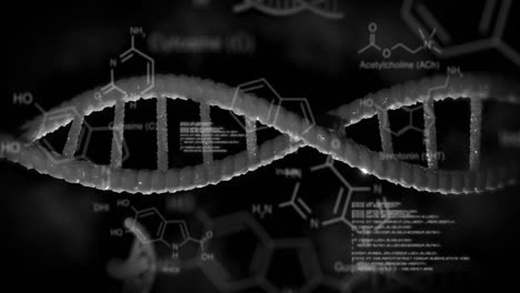 dna structure spinning and chemical structures against data processing on black background